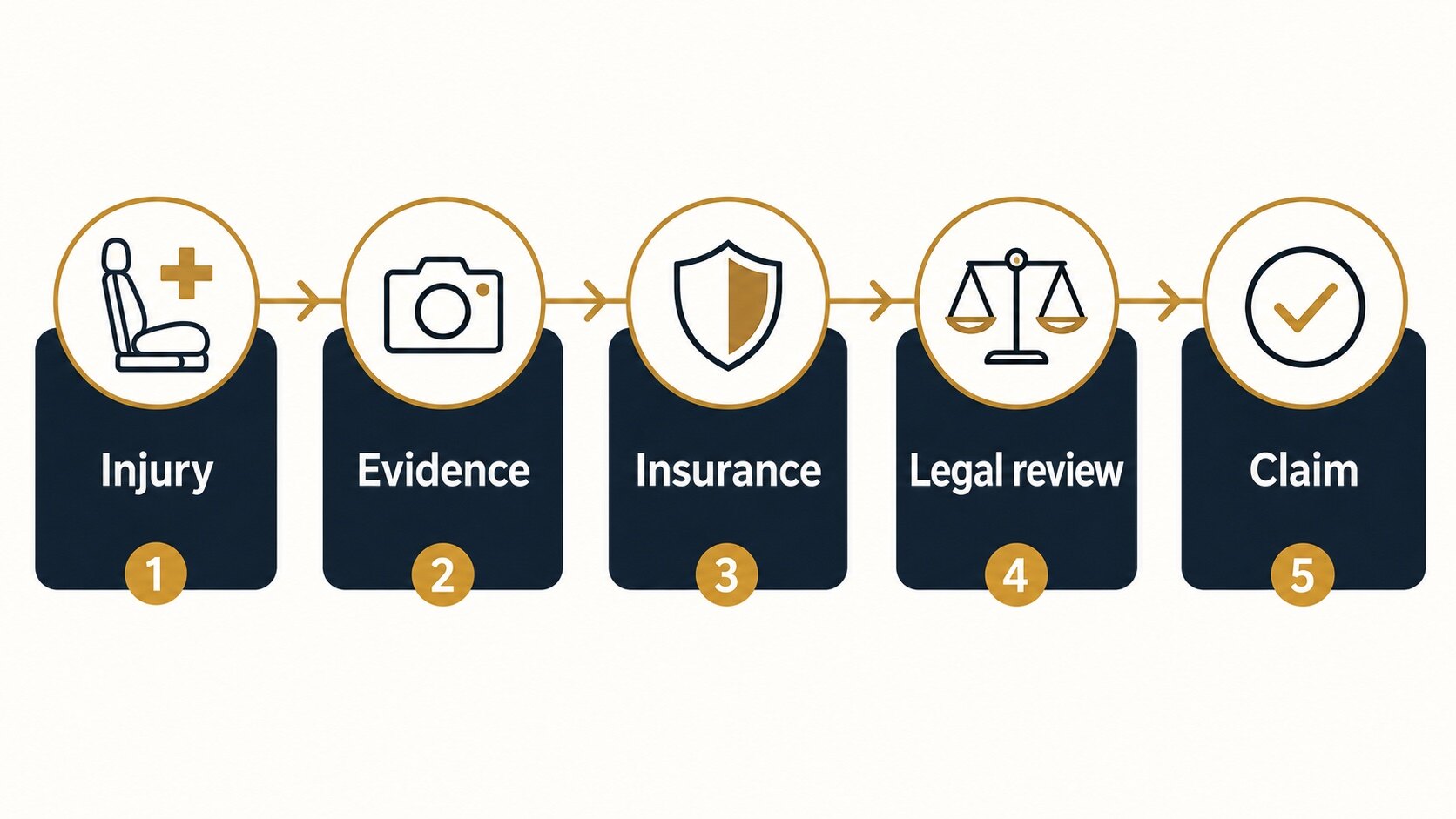 Infographic showing the passenger injury claim path from injury and evidence to insurance, legal review, and claim.