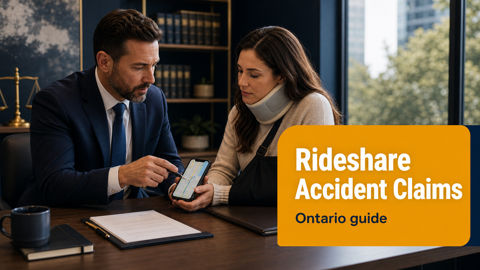 A lawyer reviews rideshare accident claim evidence with a client in Ontario.