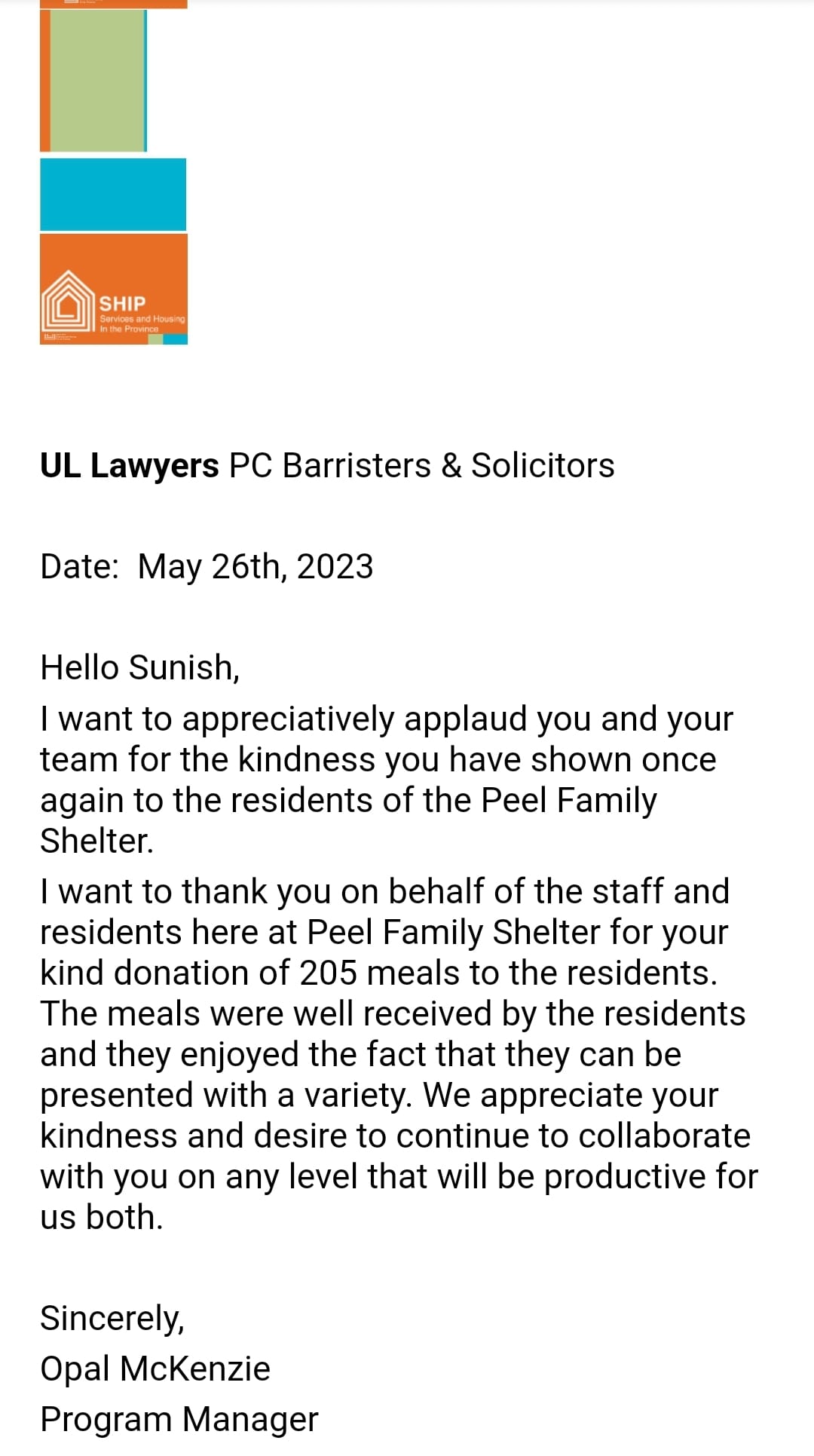 Local Nourishment letter 2