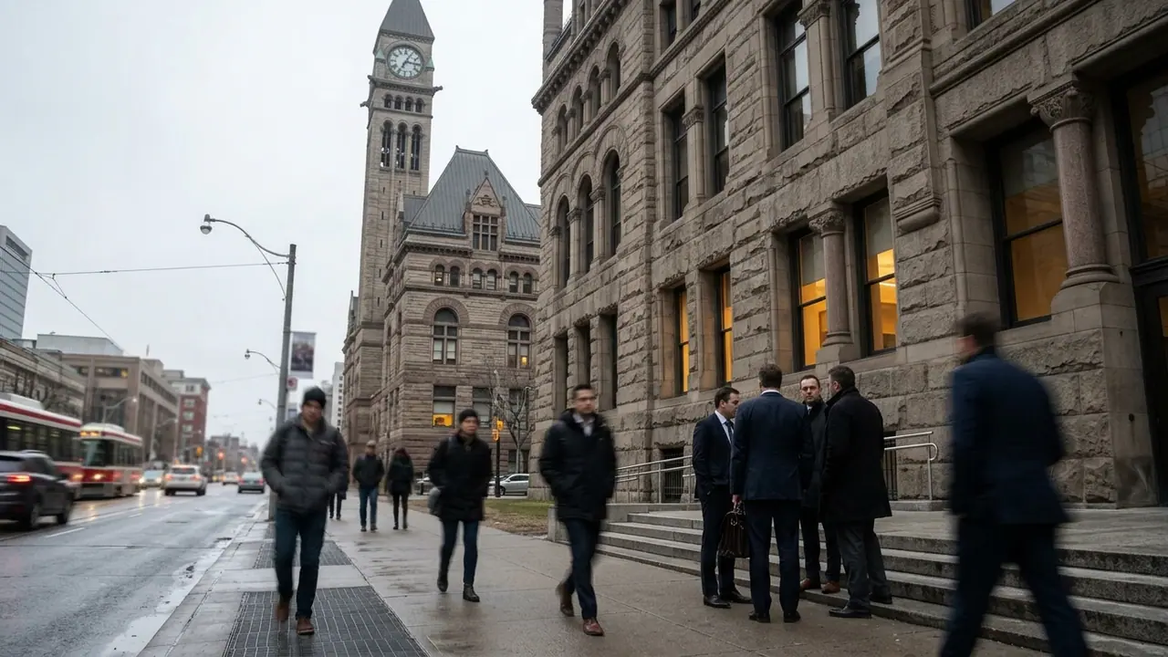 Courtroom scene in Toronto related to a high-profile murder trial involving a local couple.